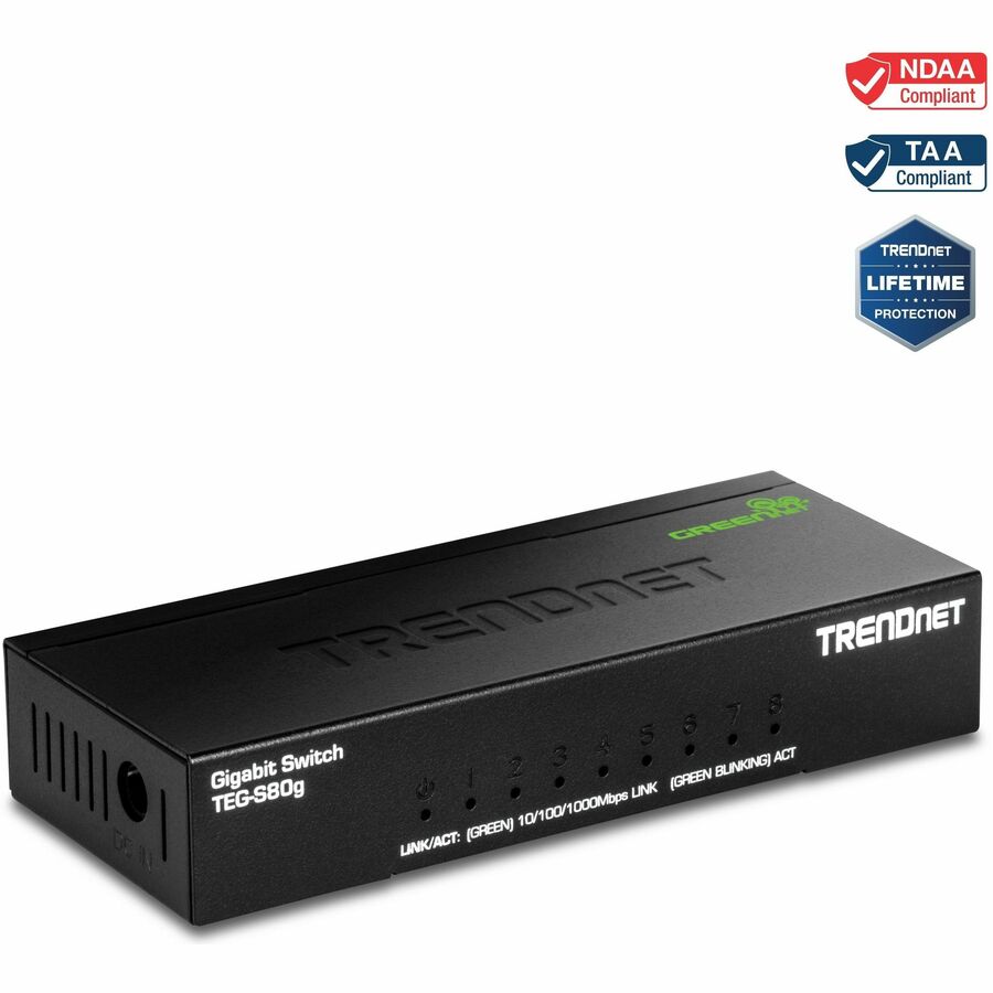 Mini-switch Gigabit à 8 ports TRENDnet, TEG-S80g, technologie GREENnet, conforme NDAA + TAA, commutateur réseau Ethernet de bureau en métal, 8 ports Gigabit, sans ventilateur, protection à vie, noir TEG-S80G