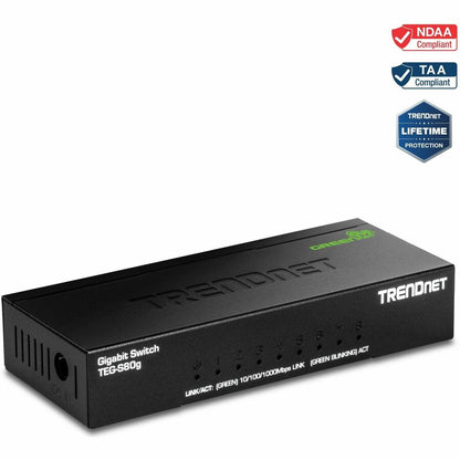 Mini-switch Gigabit à 8 ports TRENDnet, TEG-S80g, technologie GREENnet, conforme NDAA + TAA, commutateur réseau Ethernet de bureau en métal, 8 ports Gigabit, sans ventilateur, protection à vie, noir TEG-S80G