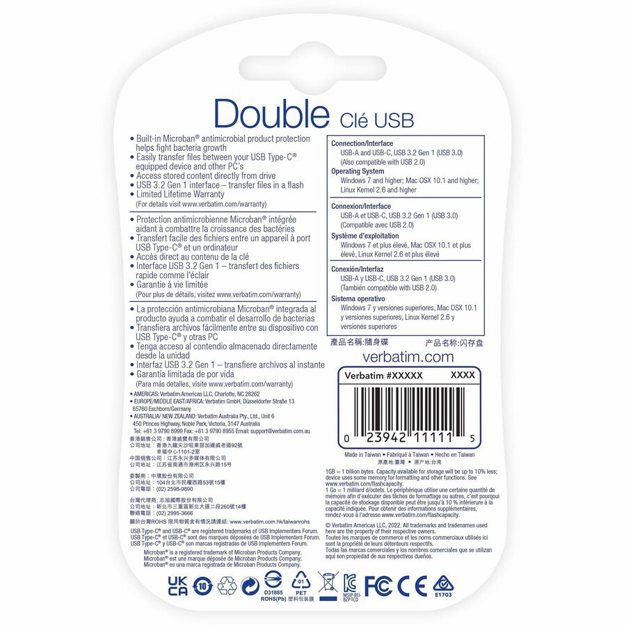 Clé USB 3.2 Verbatim Store 'n' Go Dual 128 Go (1ère génération) (type A + type C) 71275