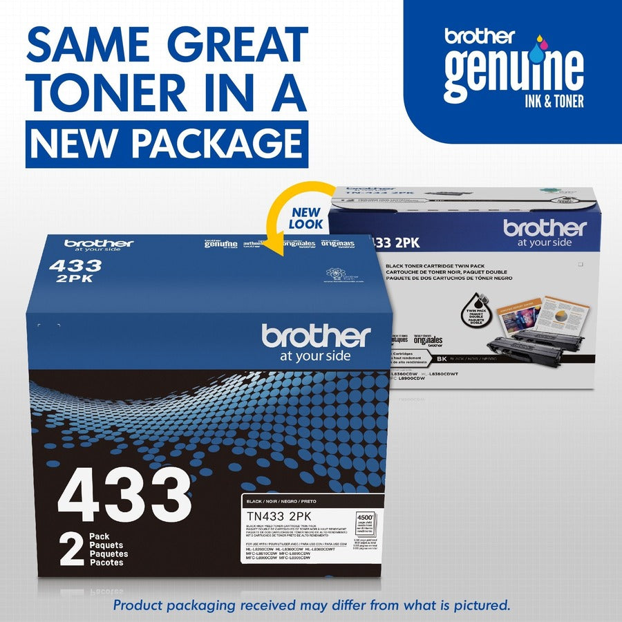 Cartouche de toner laser haute capacité d'origine Brother TN-433 - Paquet de deux - Noir - 2/boîte TN4332PK