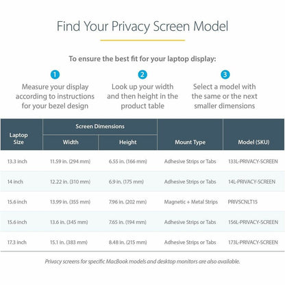 StarTech.com Filtre de confidentialité pour ordinateur portable 17,3 pouces 16:9, écran de confidentialité antireflet avec réduction de la lumière bleue de 51 %, angle de vue de +/- 30°, mat/brillant 173L-PRIVACY-SCREEN