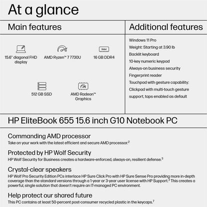 HP EliteBook 655 G10 15.6" Notebook - Full HD - AMD Ryzen 7 7730U - 16 GB - 512 GB SSD - Pike Silver Aluminum 82J39UT#ABA
