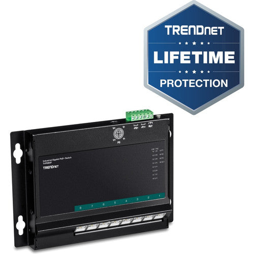 Commutateur d'accès frontal mural industriel Gigabit Poe+ à 8 ports TRENDnet ; 8 ports Gigabit Poe+ ; montage sur rail DIN ; entrée d'alimentation CC 48 ?57 V ; IP30 ; budget Poe 200 W ; protection à vie ; TI-PG80F TI-PG80F