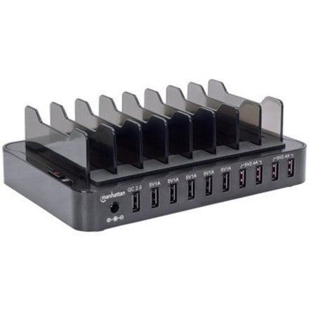 Station de charge Manhattan, 10 ports USB-A, sorties : 1 x 2,4 A (QC 2.0), 4 x 2,4 A et 5 x 1 A, noir, garantie de trois ans, boîte 180009