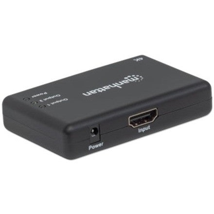 Manhattan HDMI Splitter 2-Port , 4K@30Hz, Displays output from x1 HDMI source to x2 HD displays (same output to both displays), AC Powered (cable 0.9m), Black, Three Year Warranty, Retail Box (With Euro 2-pin plug) 207669
