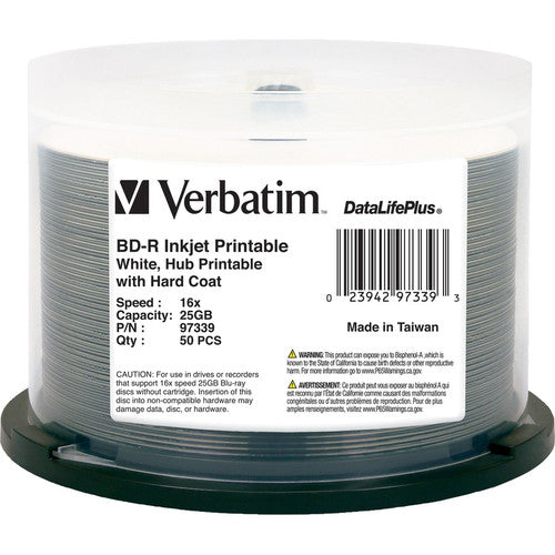 Verbatim BD-R 25 Go 6X DataLifePlus Blanc Jet d'encre Imprimable, Hub Imprimable - 50pk Spindle 97339