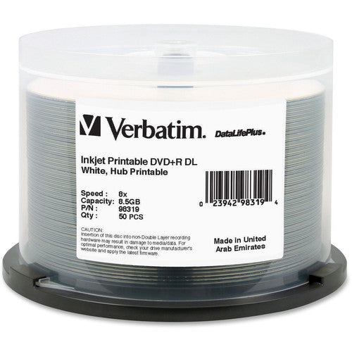 Support enregistrable DVD Verbatim DataLifePlus - DVD+R DL - 8x - 8,50 Go - Lot de 50 broches 98319