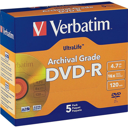 DVD-R Verbatim 4,7 Go 16X UltraLife Gold Archival Grade avec surface de marque et revêtement dur - 5 pk Jewel Case 96320