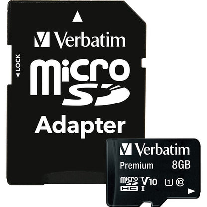 Carte mémoire microSDHC Premium Verbatim 8 Go avec adaptateur, UHS-I V10 U1 Classe 10 44081