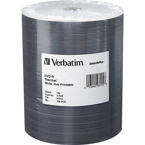 Verbatim DVD-R 4.7GB 16X DataLifePlus White Thermal Printable, Hub Printable - 100Pk Tape Wrap 97015