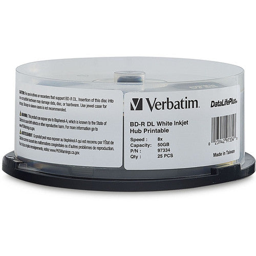 Verbatim BD-R DL 50 Go 8X, étiquette blanche, DataLife+, blanc, jet d'encre, hub imprimable, 25 PK, broche 97334