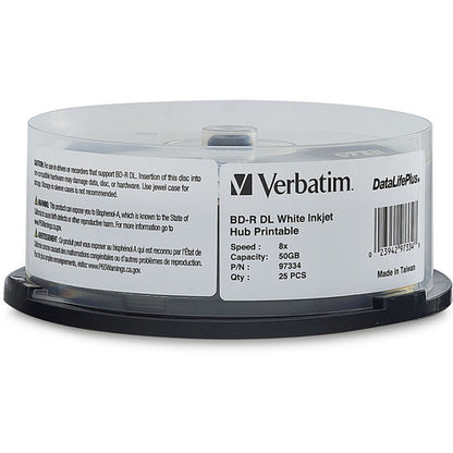 Verbatim BD-R DL 50 Go 8X, étiquette blanche, DataLife+, blanc, jet d'encre, hub imprimable, 25 PK, broche 97334