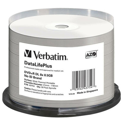 Verbatim DVD+R DL 8.5GB 8X DataLifePlus White Thermal Printable, Hub Printable - 50pk Spindle 43754