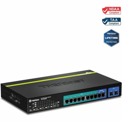 TRENDnet 10-Port Gigabit Web Smart PoE+ Switch, 8 x PoE+ Gigabit Ports, 2 x Gigabit Ethernet Ports, 2 x Shared SFP Slots, 75W Total Power Budget, Rack Mountable, Lifetime Protection, Black, TPE-1020WS TPE-1020WS