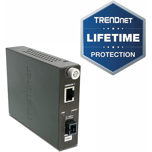 Convertisseur de média fibre optique monomode 1000Base-T vers 1000Base-LX intelligent TRENDnet (10 km/6,2 miles) Convertisseur fibre vers Ethernet ; Port fibre ; RJ-45 ; Protection à vie ; TFC-1000S10D3 TFC-1000S10D3
