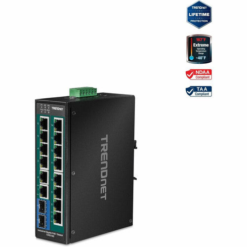 Commutateur réseau Ethernet Gigabit PoE+ non géré industriel renforcé à 16 ports TRENDnet ; TI-PG162 ; 14 ports Gigabit ; 2 emplacements SFP Gigabit ; 32 Gbit/s ; commutateur réseau Ethernet Gigabit IP30 ; protection à vie TI-PG162