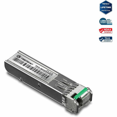 Module LC monomode double longueur d'onde SFP vers RJ45 TRENDnet ; TEG-MGBS40D5 ; Doit être associé au TEG-MGBS40D3 ou à un module compatible ; Jusqu'à 40 km (24,9 miles) ; Compatible avec les emplacements SFP standard ; Protection à vie TEG-MGBS40D5