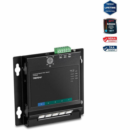 Commutateur d'accès frontal mural industriel Gigabit Poe+ à 5 ports TRENDnet ; 5 ports Gigabit Poe+ ; montage sur rail DIN ; entrée d'alimentation CC 48 ?57 V ; IP30 ; budget Poe 120 W ; protection à vie ; TI-PG50F TI-PG50F