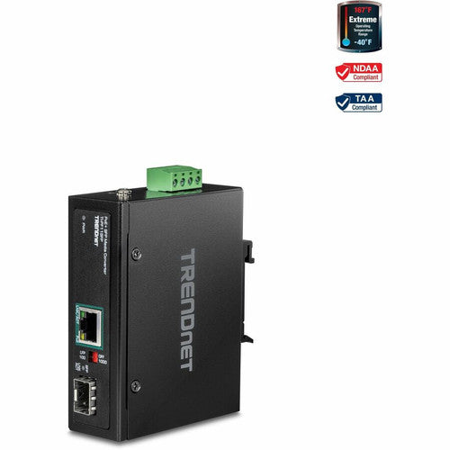 Convertisseur de média industriel SFP vers Gigabit PoE+ de TRENDnet ; boîtier classé IP30 ; plage de températures de fonctionnement -40 ?? 75 ?C à (-40 ? ? 167 ?F) ; TI-PF11SFP TI-PF11SFP