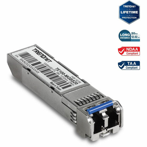 Module LC monomode SFP vers RJ45 100Base-FX TRENDnet ; TE100-MGBS20 ; jusqu'à 20 km (12,4 miles) ; compatible SFP standard ; vitesses jusqu'à 155 Mbps ; compatible fibre duplex-LC ; 1310 nm ; protection à vie TE100-MGBS20