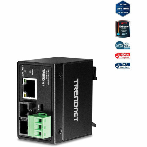 Convertisseur de fibre optique monomode 100Base-FX industriel renforcé TRENDnet ; (30 km ; 18,6 miles) ; boîtier IP40 ; TI-F10S30 TI-F10S30