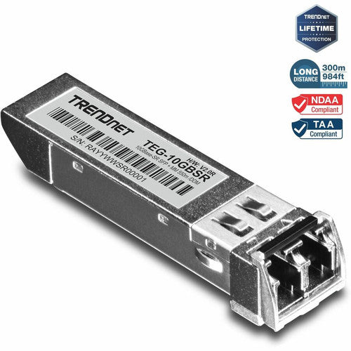 Module LC multimode SFP+ TRENDnet SFP vers RJ45 10GBASE-SR ; TEG-10GBSR ; jusqu'à 550 m (1 804 pi) ; émetteur-récepteur SFP+ enfichable à chaud ; longueur d'onde de 850 nm ; connecteur LC duplex ; prise en charge DDM ; protection à vie TEG-10GBSR