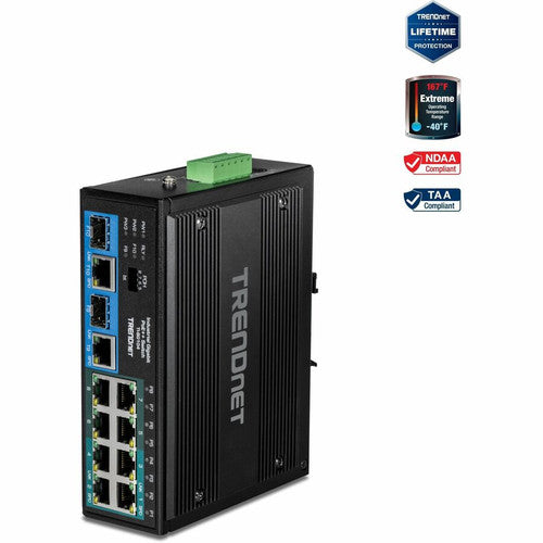 Commutateur rail DIN Gigabit PoE++ industriel non géré à 10 ports TRENDnet, 4 ports Gigabit PoE++, 4 ports Gigabit PoE+, 2 ports de partage Gigabit SFP ou RJ-45, budget d'alimentation de 360 ​​W, noir, TI-BG104 TI-BG104