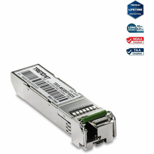 Module LC monomode double longueur d'onde SFP vers RJ45 TRENDnet ; TEG-MGBS10D5 ; Doit être associé au TEG-MGBS10D3 ou à un module compatible ; Jusqu'à 10 km (6,2 miles) ; Compatible avec le SFP standard ; Protection à vie TEG-MGBS10D5