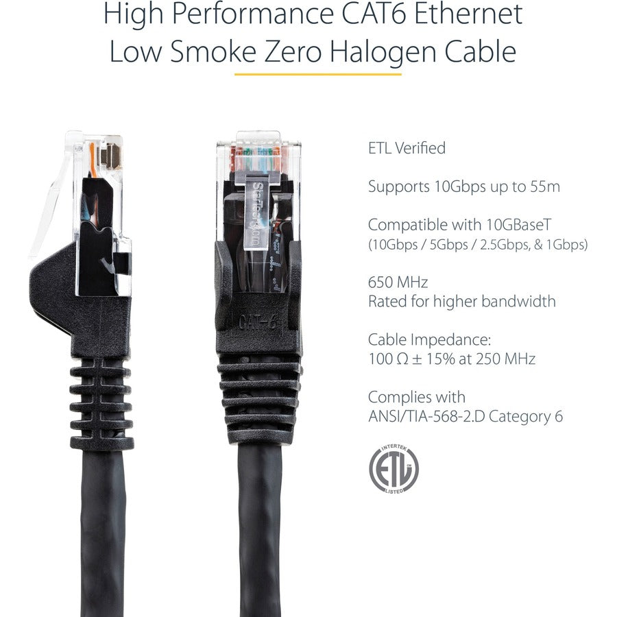 Câble Ethernet CAT6 StarTech.com de 6 m, LSZH (faible émission de fumée et zéro halogène) 10 GbE anti-accroc 100 W PoE UTP RJ45, cordon de raccordement réseau noir, ETL N6LPATCH20BK