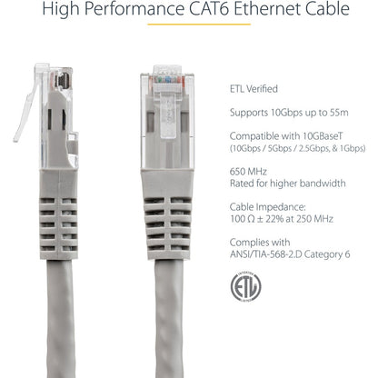 Câble Ethernet CAT6 StarTech.com de 15,2 m - Gigabit moulé gris - 100 W PoE UTP 650 MHz - Cordon de raccordement de catégorie 6 Câblage certifié UL/TIA C6PATCH50GR