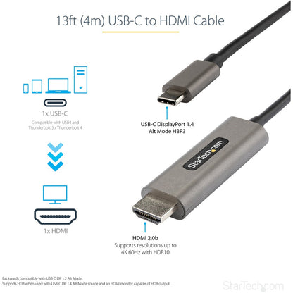 StarTech.com Câble USB C vers HDMI 4K 60 Hz avec HDR10, câble adaptateur vidéo Ultra HD USB Type-C vers HDMI 2.0b de 4 m, DP 1.4 Alt Mode HBR3 CDP2HDMM4MH