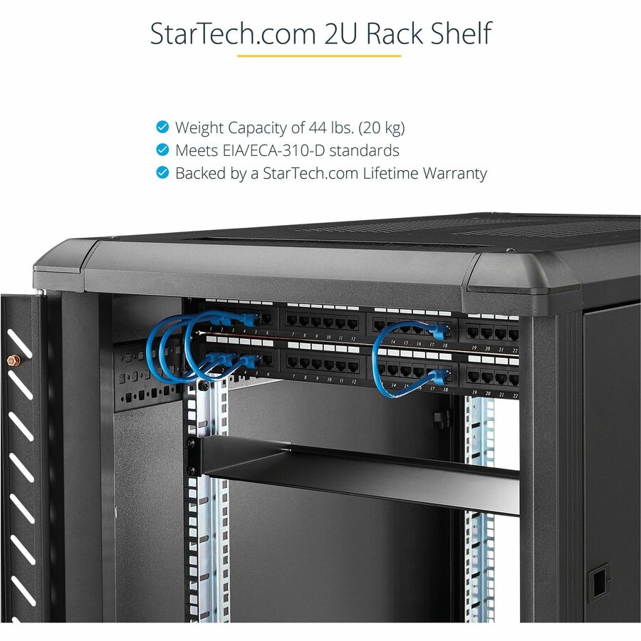 Étagère pour rack de serveur 2U StarTech.com - Plateau de montage en rack cantilever fixe de 40,6 cm de profondeur pour boîtier de données/AV/réseau de 48,3 cm avec écrous à cage et vis CABSHELF
