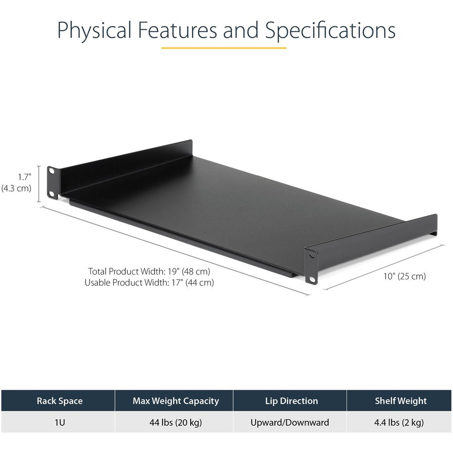 StarTech.com Étagère pour rack de serveur 1U - Plateau de montage en rack cantilever fixe de 25,4 cm de profondeur pour boîtier de données/AV/réseau de 48,3 cm avec écrous à cage, vis CABSHELF1U10