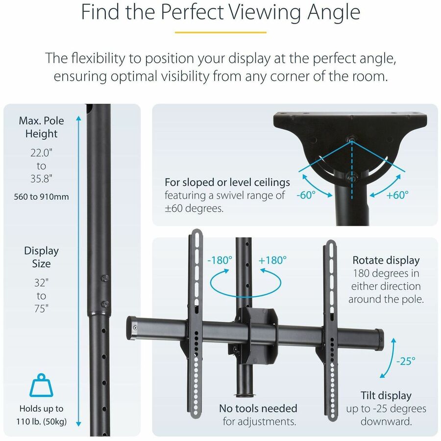 StarTech.com TV Ceiling Mount, Full-Motion Hanging Single Screen Vesa Mount for 32"-75" TVs / Displays - Height Adjustable Telescopic Pole FPCEILPTBSP