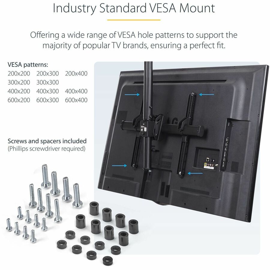 StarTech.com TV Ceiling Mount, Full-Motion Hanging Single Screen Vesa Mount for 32"-75" TVs / Displays - Height Adjustable Telescopic Pole FPCEILPTBSP