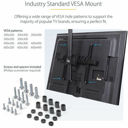 StarTech.com TV Ceiling Mount, Full-Motion Hanging Single Screen Vesa Mount for 32"-75" TVs / Displays - Height Adjustable Telescopic Pole FPCEILPTBSP