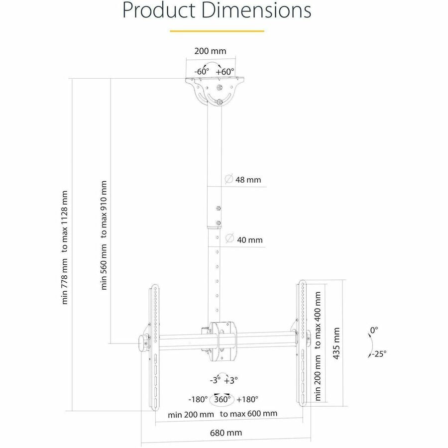 StarTech.com TV Ceiling Mount, Full-Motion Hanging Single Screen Vesa Mount for 32"-75" TVs / Displays - Height Adjustable Telescopic Pole FPCEILPTBSP