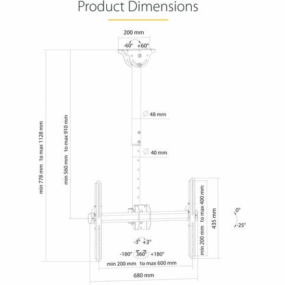 StarTech.com TV Ceiling Mount, Full-Motion Hanging Single Screen Vesa Mount for 32"-75" TVs / Displays - Height Adjustable Telescopic Pole FPCEILPTBSP