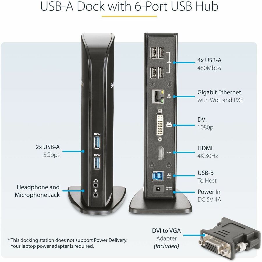 StarTech.com Dual Monitor USB 3.0 Laptop Docking Station with HDMI & DVI/VGA, 6x USB-A Hub, GbE, Audio, Universal Type-A Dock for Win/Mac USB3SDOCKHD