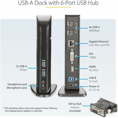 StarTech.com Dual Monitor USB 3.0 Laptop Docking Station with HDMI & DVI/VGA, 6x USB-A Hub, GbE, Audio, Universal Type-A Dock for Win/Mac USB3SDOCKHD
