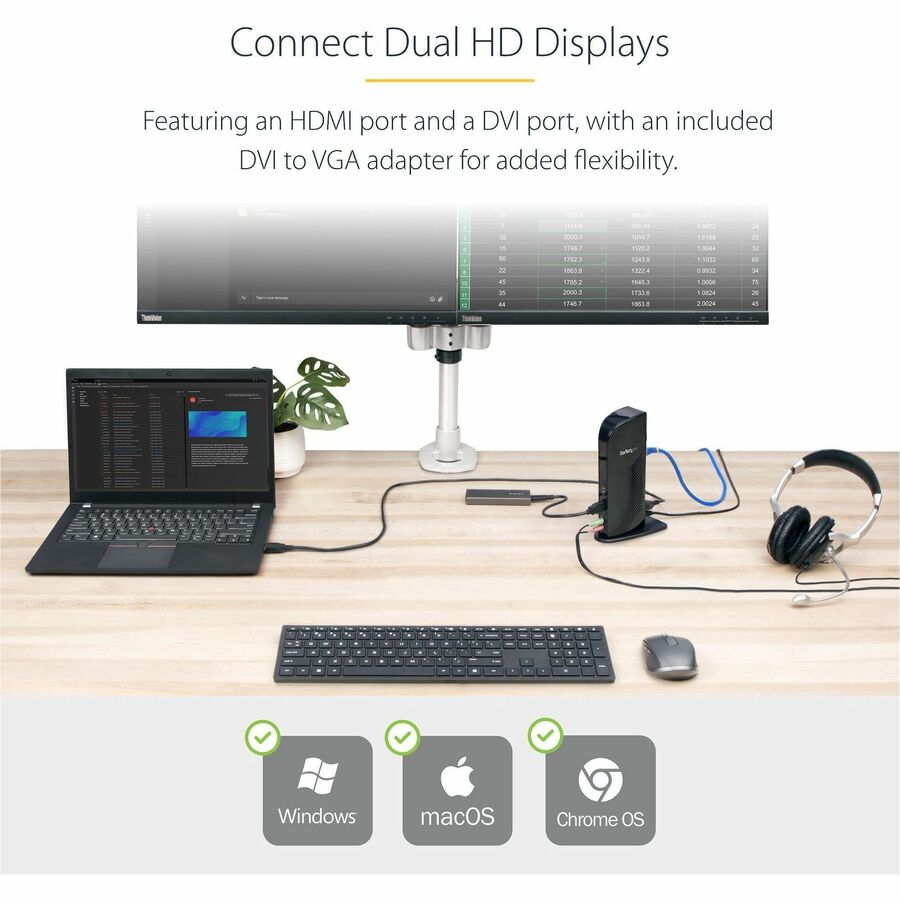 StarTech.com Dual Monitor USB 3.0 Laptop Docking Station with HDMI & DVI/VGA, 6x USB-A Hub, GbE, Audio, Universal Type-A Dock for Win/Mac USB3SDOCKHD