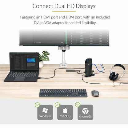 StarTech.com Dual Monitor USB 3.0 Laptop Docking Station with HDMI & DVI/VGA, 6x USB-A Hub, GbE, Audio, Universal Type-A Dock for Win/Mac USB3SDOCKHD