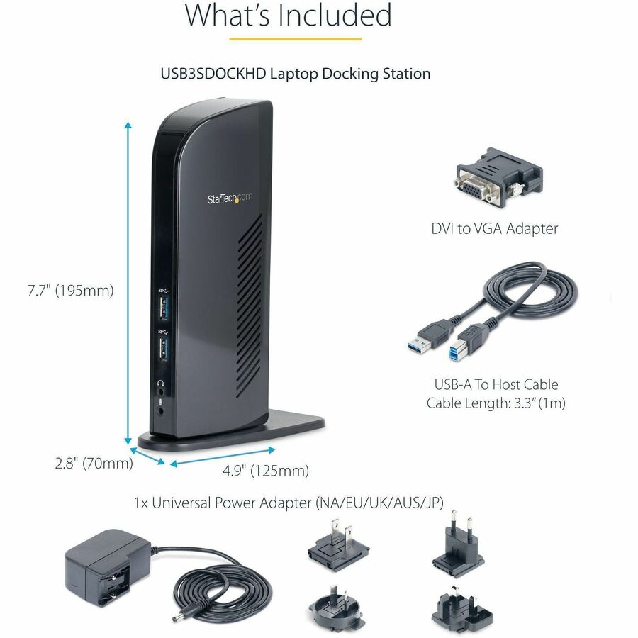StarTech.com Dual Monitor USB 3.0 Laptop Docking Station with HDMI & DVI/VGA, 6x USB-A Hub, GbE, Audio, Universal Type-A Dock for Win/Mac USB3SDOCKHD