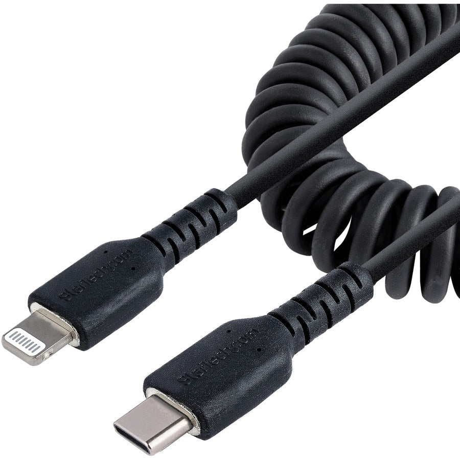 Câble USB C vers Lightning StarTech.com de 1 m (3 pi), certifié MFi, câble de chargement spiralé pour iPhone, noir, gaine TPE durable en fibre d'aramide RUSB2CLT1MBC