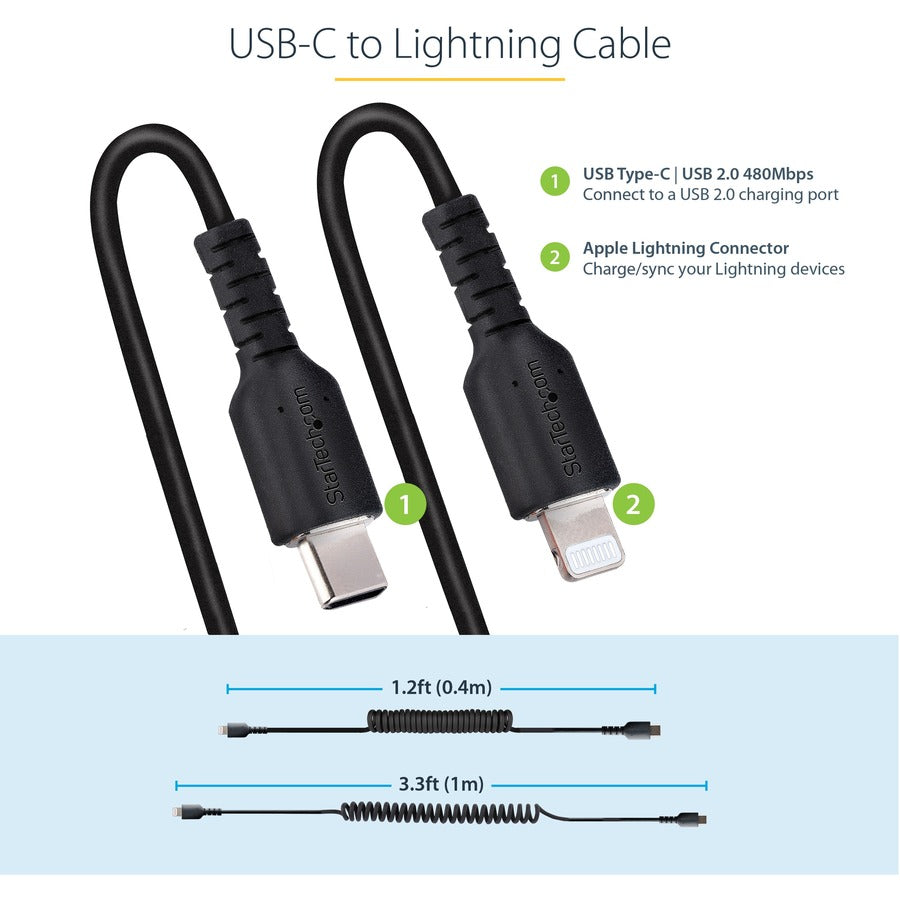 Câble USB C vers Lightning StarTech.com de 1 m (3 pi), certifié MFi, câble de chargement spiralé pour iPhone, noir, gaine TPE durable en fibre d'aramide RUSB2CLT1MBC