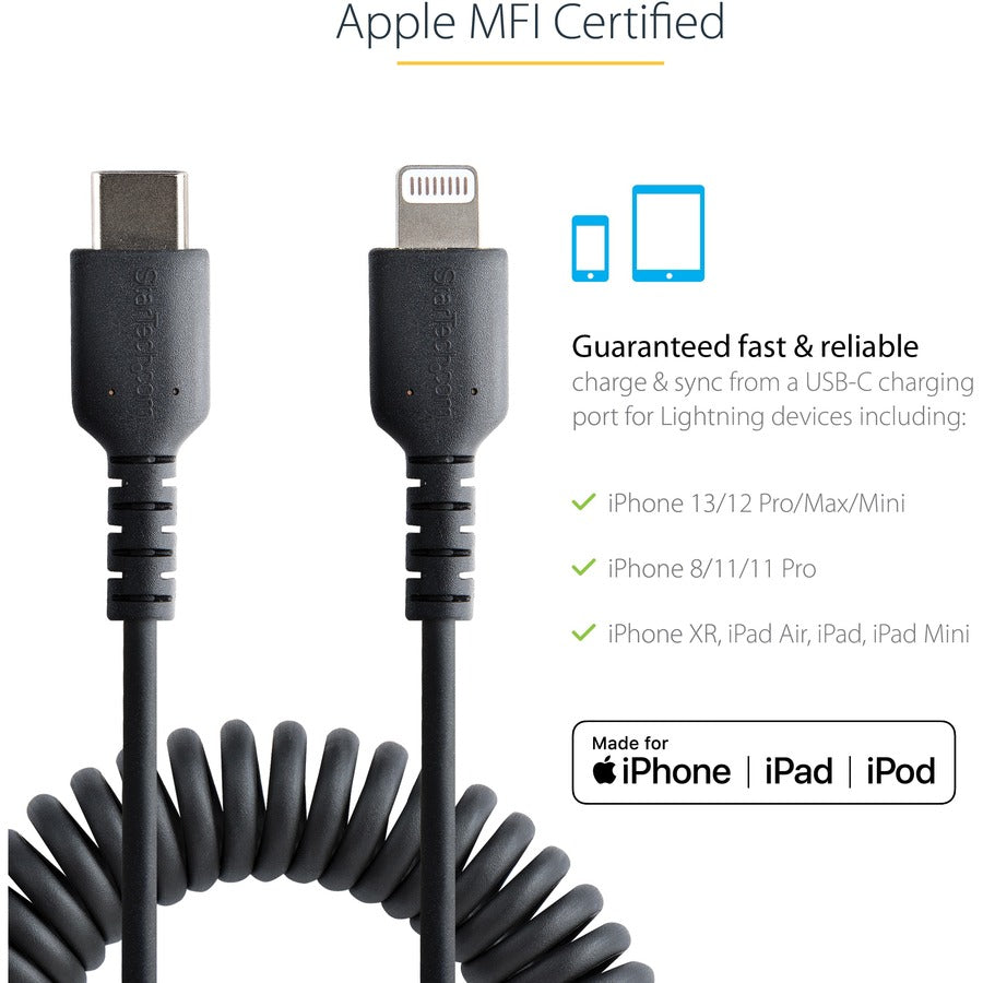 Câble USB C vers Lightning StarTech.com de 1 m (3 pi), certifié MFi, câble de chargement spiralé pour iPhone, noir, gaine TPE durable en fibre d'aramide RUSB2CLT1MBC