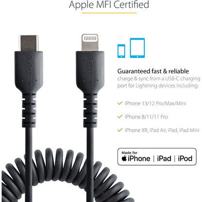 Câble USB C vers Lightning StarTech.com de 1 m (3 pi), certifié MFi, câble de chargement spiralé pour iPhone, noir, gaine TPE durable en fibre d'aramide RUSB2CLT1MBC