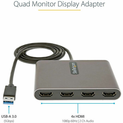 StarTech.com USB 3.0 to 4 HDMI Adapter, External Graphics Card, 1080p, USB Type-A to Quad HDMI Monitor Display Adapter/Converter, Windows USB32HD4