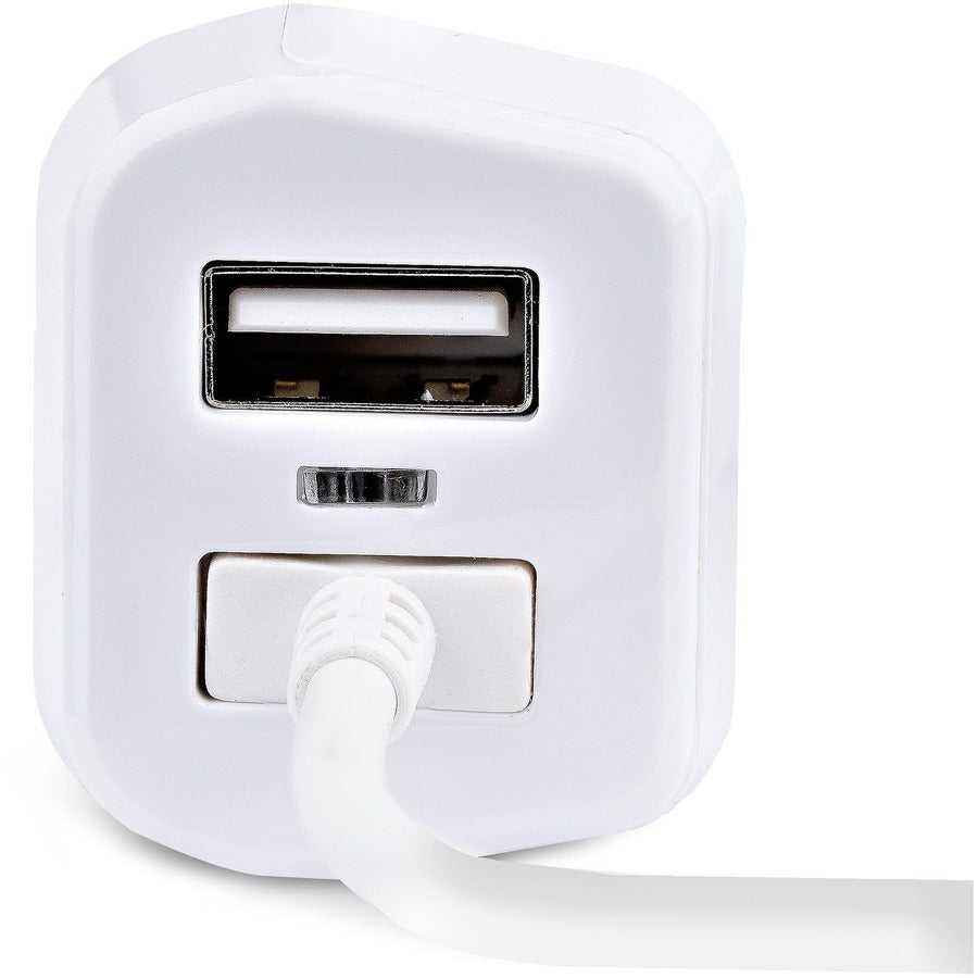 StarTech.com Lightning Car Charger with Coiled Cable, 1m Built-in Cable, 12W, White, 2 Port USB Car Charger Adapter, In Car iPhone Charger USBLT2PCARW2
