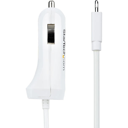 StarTech.com Lightning Car Charger with Coiled Cable, 1m Built-in Cable, 12W, White, 2 Port USB Car Charger Adapter, In Car iPhone Charger USBLT2PCARW2